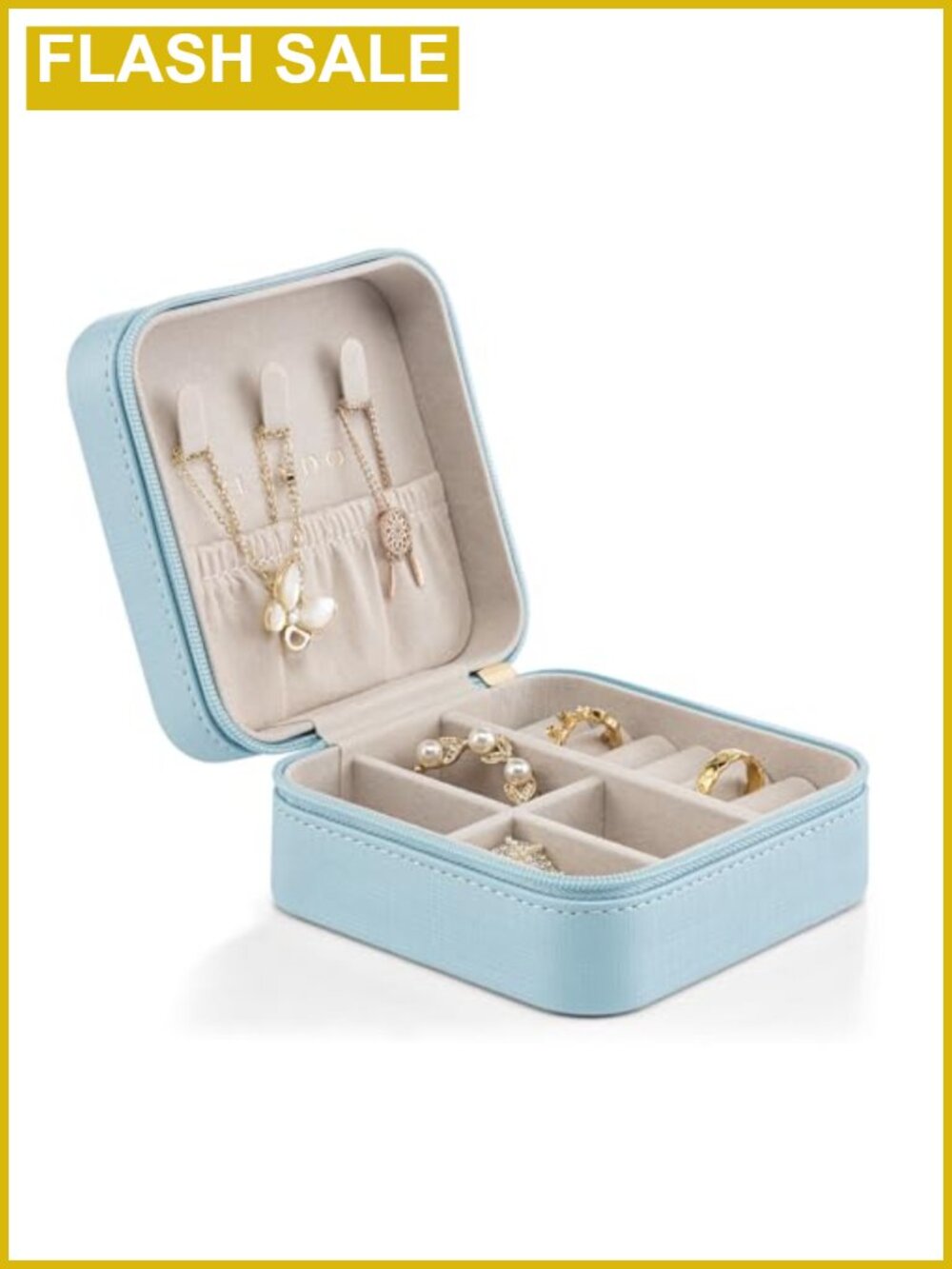 Small Travel Jewelry Box Organizer Faux Leather with Ring Rolls, Zippered Case